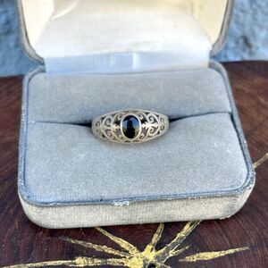 Vintage Black Onyx Ring size 9 1/4 Scroll Filigree Sterling Silver Band